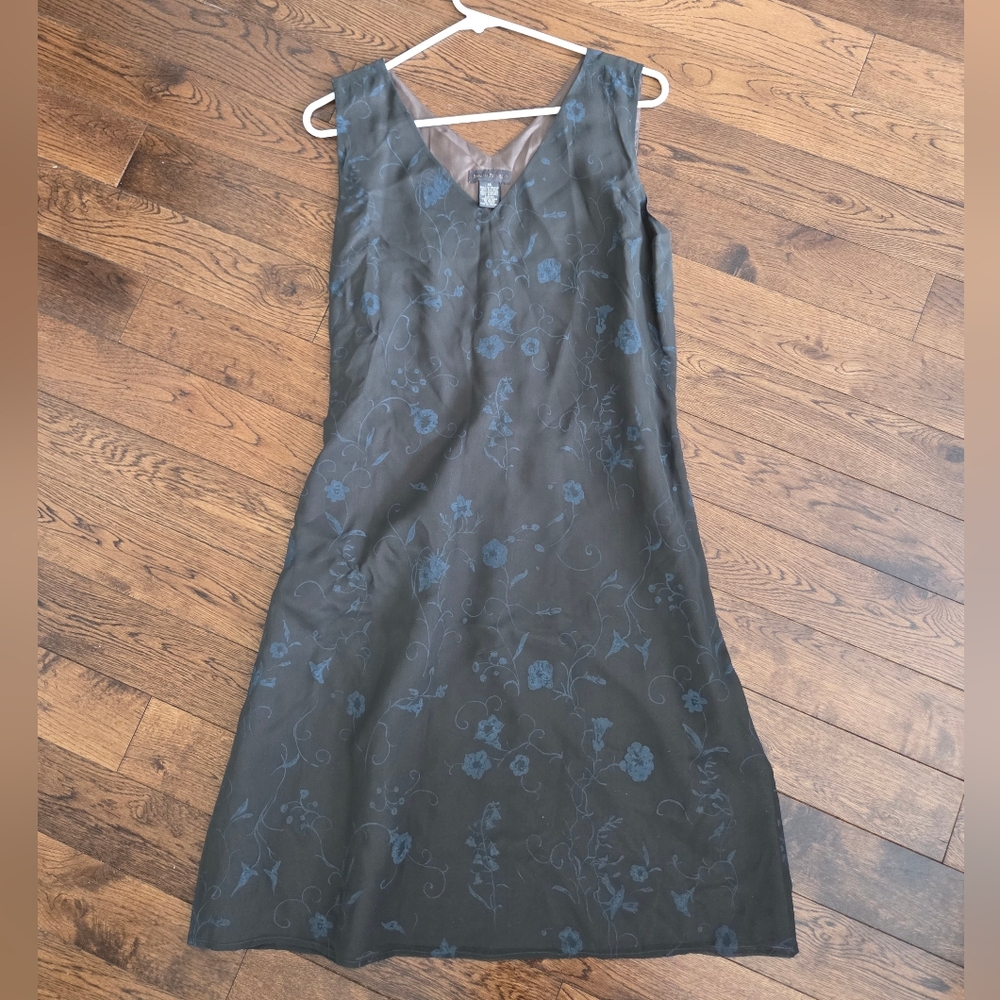 Banana Republic Silk Dark Brown Midi Dress with Blue Floral Print Size 14